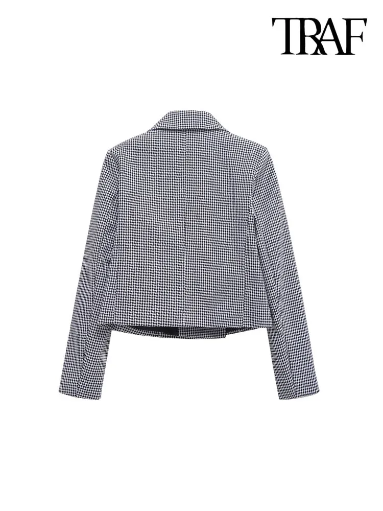 TRAF Double-breasted Houndstooth Blazer Coat for Women Long Sleeve Lapel Collar Chic Outerwear Fashion Tops