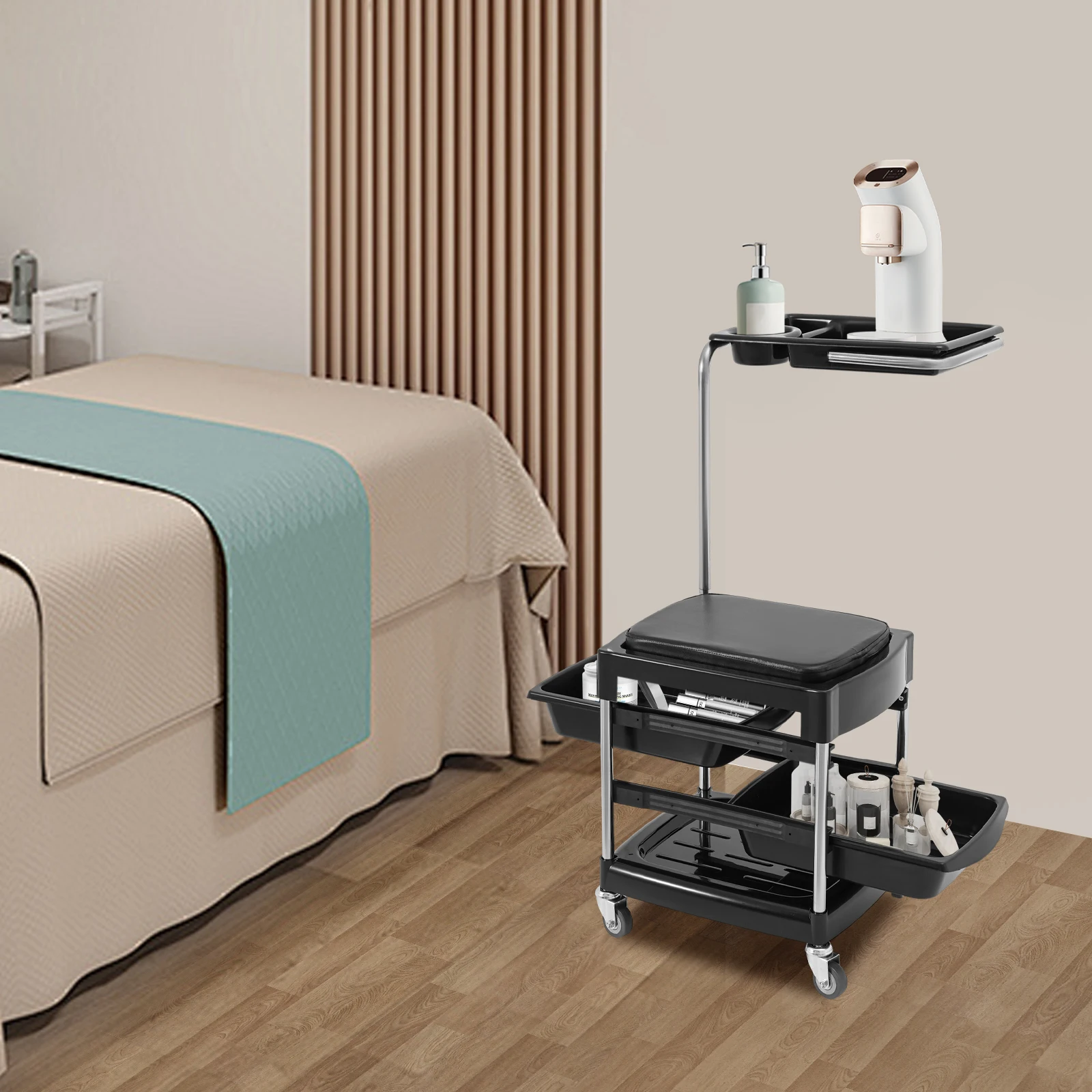 Professional 4-Tray 150kg/330lbs Load Capacity Rolling Hair Tool Tray Cart, Stainless Steel & ABS Barber Organizer with PU Cushion, Universal Wheels, Floor Standing for Salon Spa Home Use