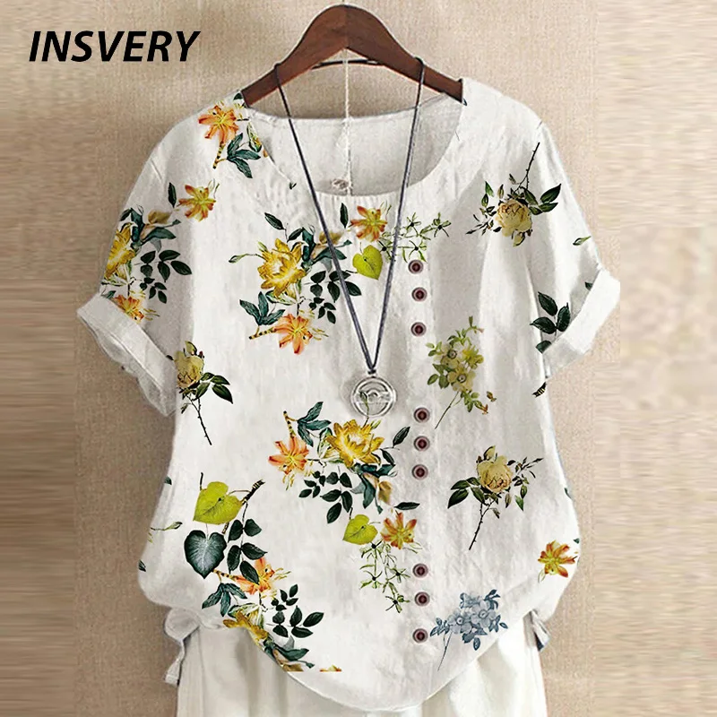 Elegant Women O Neck Digital Vintage Print Loose Shirt Oversized Short Sleeve T-Shirts Tops Women Harajuku Casual T Shirts