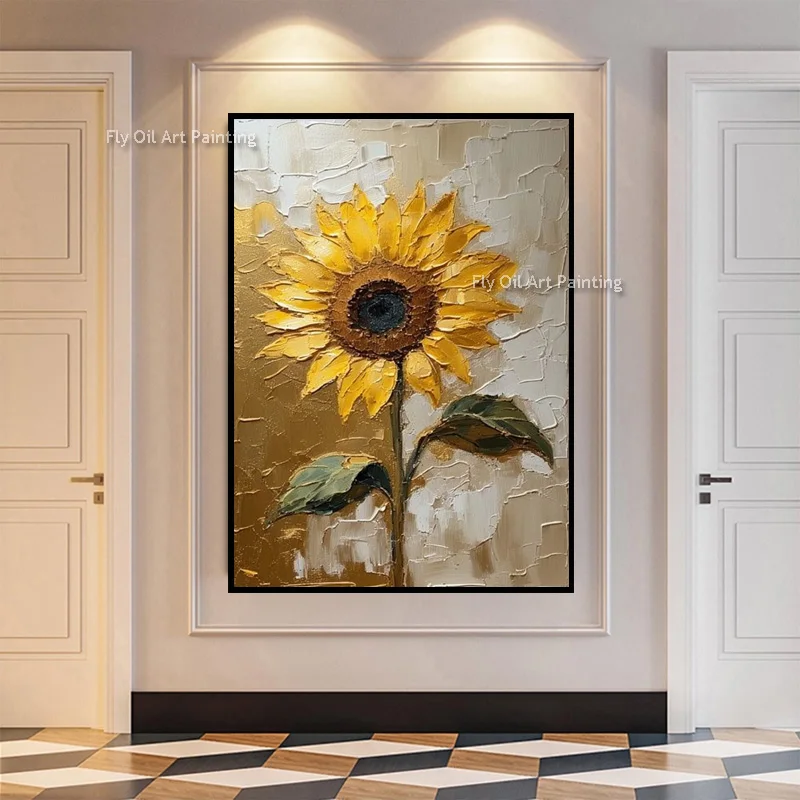 Impasto Sunflower Pure Hand Painted Canvas Oil Painting Vintage Gold Floral Wall Art Textured Botanical Artwork For Room Decor