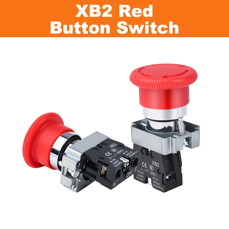 22mm Red Mushroom Head Emergency Stop Button Switch NO/NC Alarm Button Switch XB2-BA42 XB2-BA31 XB2-BA51 10A