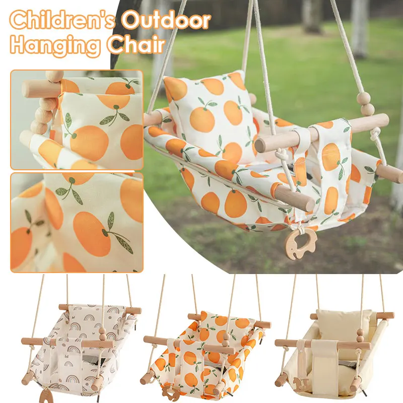 Natural Wood Baby Swing Indoor Outdoor Garden Canvas Hanging Child Hammock Small Basket Safe Recreation Kids Toy Rocker Chair