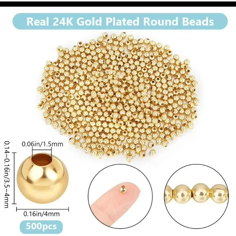 1 Box 500Pcs 24K Gold Plated Round Beads 4mm Stainless Steel Smooth Loose Balls Beads for DIY Craft Bracelet Necklace Jewelry