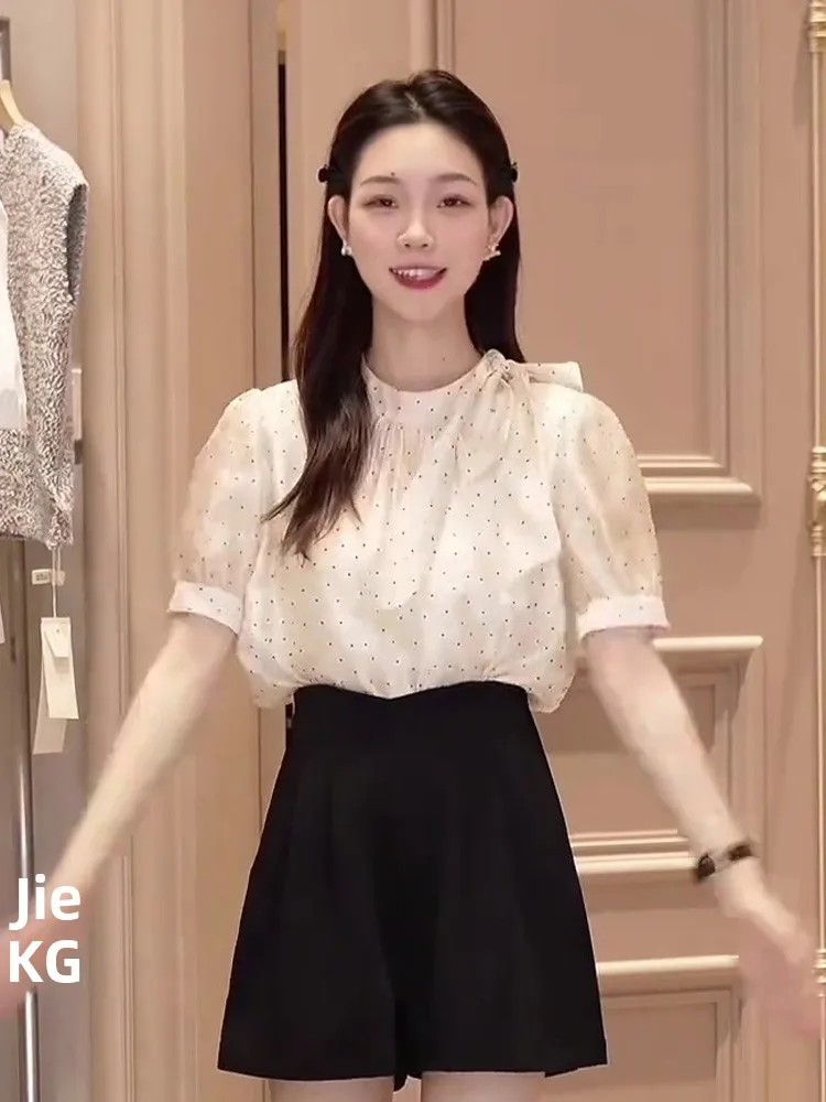 

Ele ort Sve irt for Women Knot Top Summer Lightweight Luxury Ladylike Commute Sle Loose Fit Chinese Or...