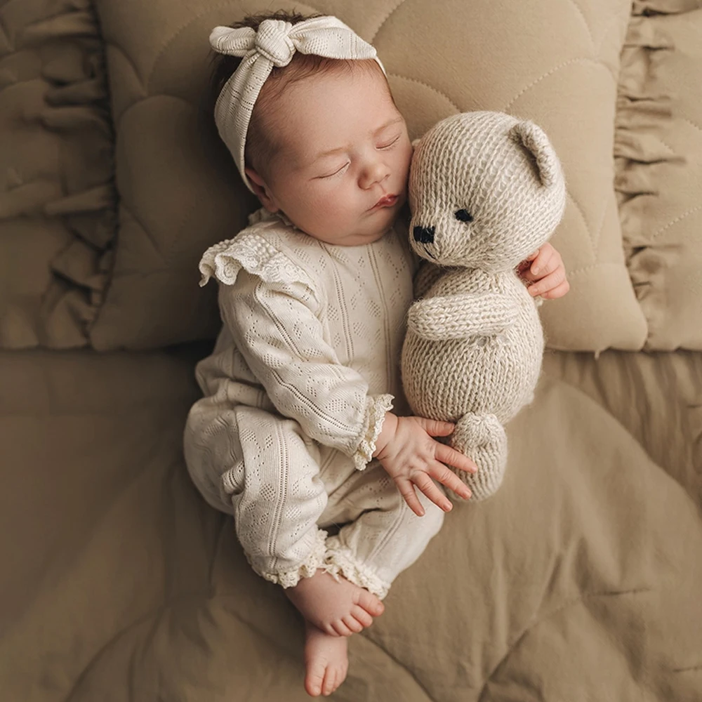 Newborn Photography Props Lace Romper with Bow Headband Baby Girl Outfit Infant Photo Shoot Costume Boutique Set