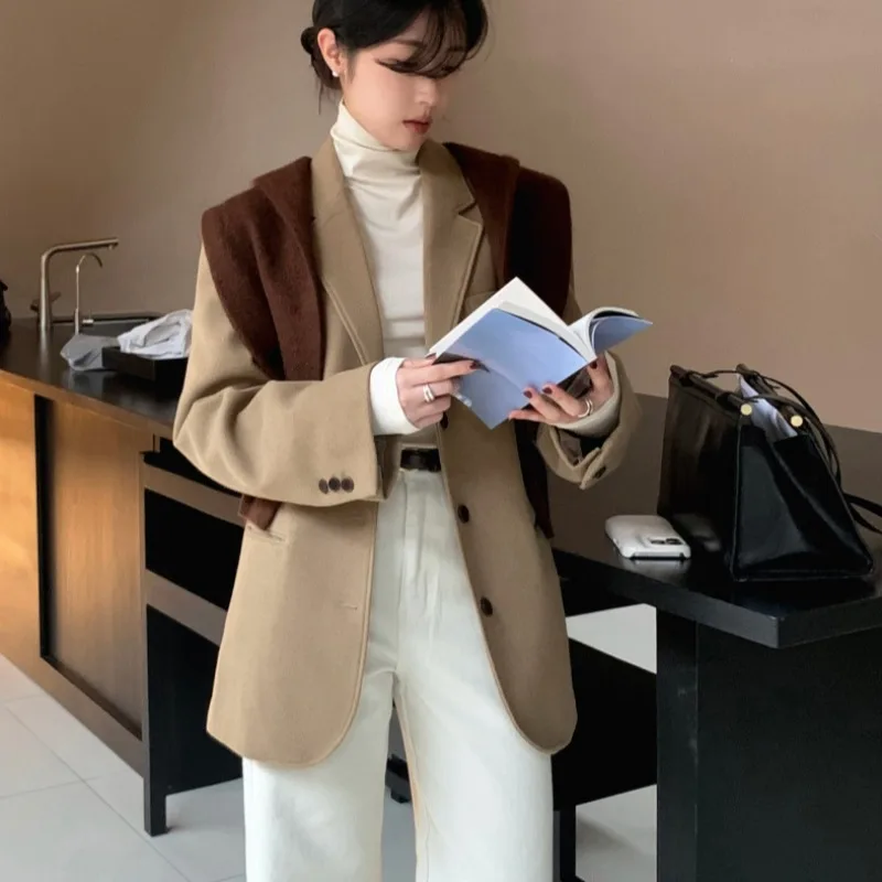 Jaet de lã feminino casual único botão notch colarinho solto ajuste vintage sle commute faion thi outono longo sve