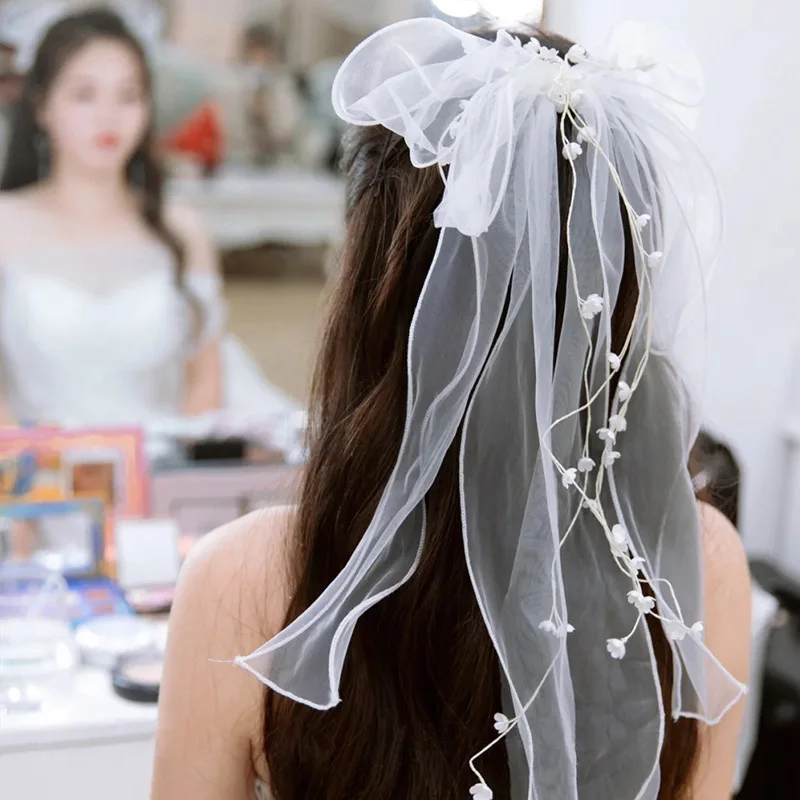 Women Short Veil For Bride Wedding Headdress Flower Bow Tulle Bachelorette Party Veils Engagement Dinner Hair Accessories image 2