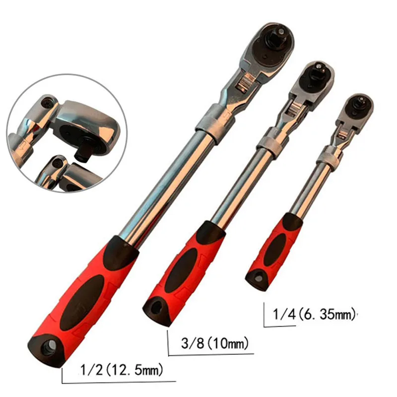 1/4 1/2 Ratchet Wrench 3/8 Telescoping 72 Teeth Socket Wrench 180° Movable Head Spanner Mechanical Workshop Tools For Car Drive