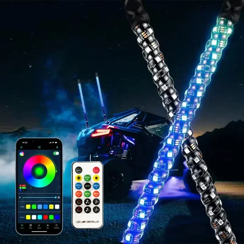 2 FT/3 FT /4 FT/5 FT RGB LED Antenna Whip Lights APP +Remote Control Music Sync Spiral Chasing Effects for RZR UTV ATV Off Road