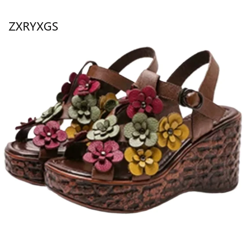ZXRYXGS Top Cowhide Classic Flowers Sandals 2026 Spell Color Summer Women Fashionable Sandals Comfortable Elegant Wedges Sandals