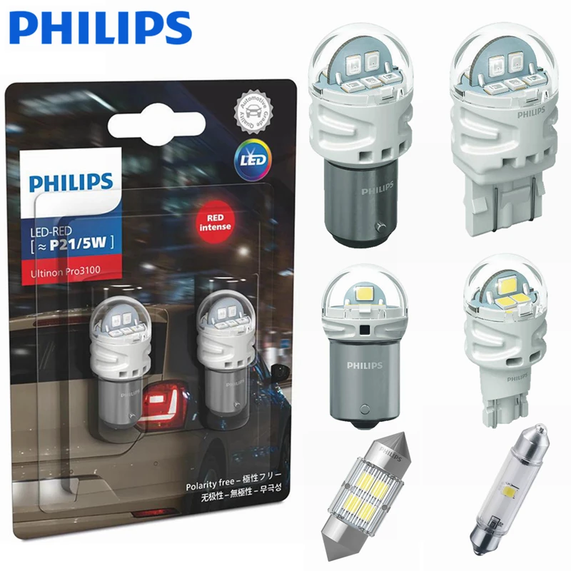 Philips-luces LED Ultinon Pro3100 para intermitente de coche, bombillas traseras, luces antiniebla de parada, Color rojo y blanco, W5W, P21/5W,