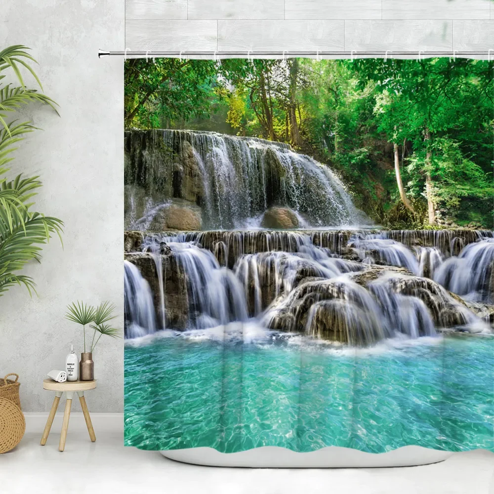 Scenic Shower Curtain Rainforest Forest Waterfall River Scenery Modern Landscape Sunny Polyester Fabric Bathroom Decor Curtain