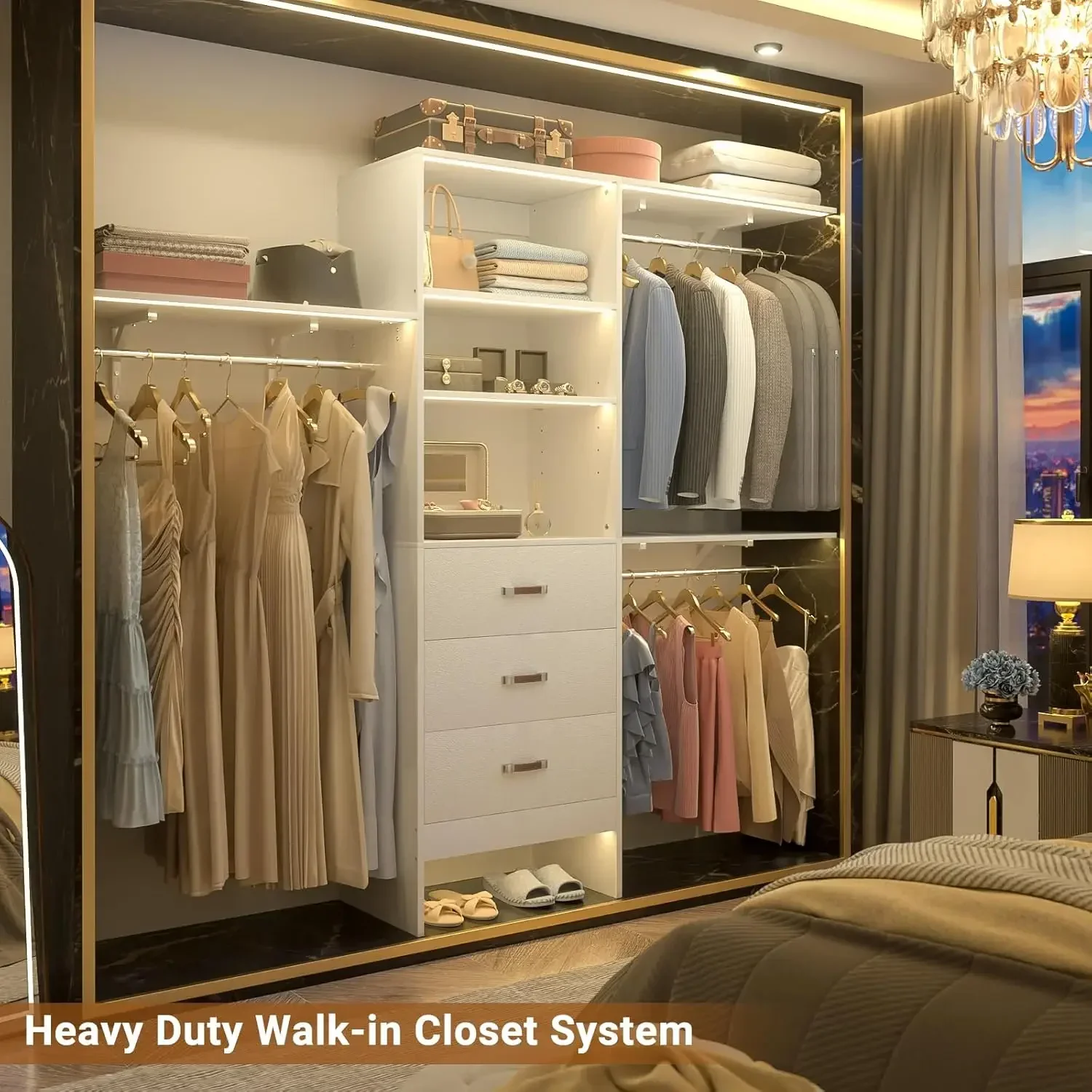 96 inch Closet System with 3 Wooden Drawers, Closet Organizer System with Storage Shelves Cutable, Wall-mounted Closet System