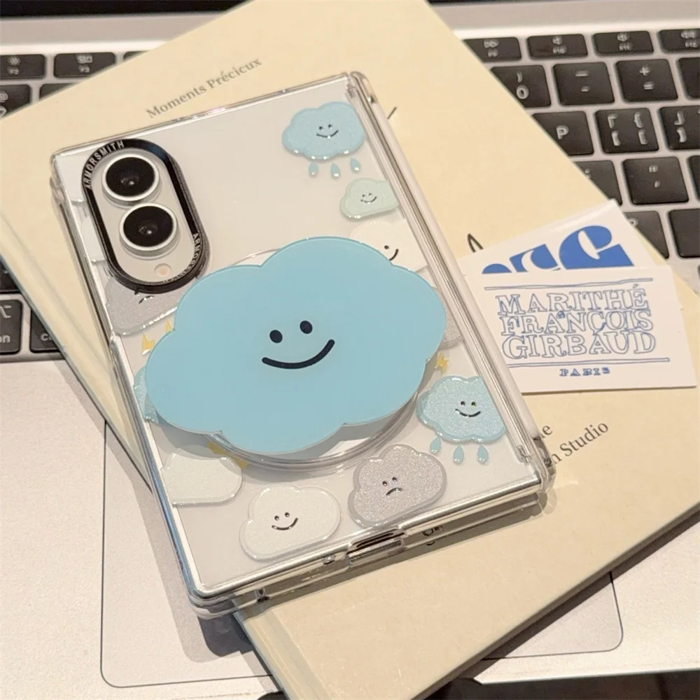 Kawaii Cloud Magnetic Case For Samsung Galaxy Z Fold 8 Ultra Holder Shell Clear Hard Back Cover Raindrop Star Fashion Shell