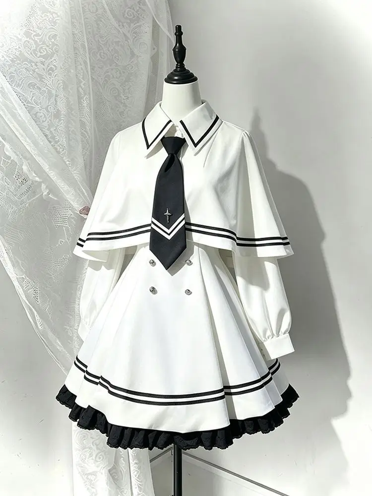 Subculture Preppy Japanese Lolita Dress Set Women Puff Sleeve Lace Hem Necktie Capelet Slim Fit Mini Dress Elegant Daily Outfits