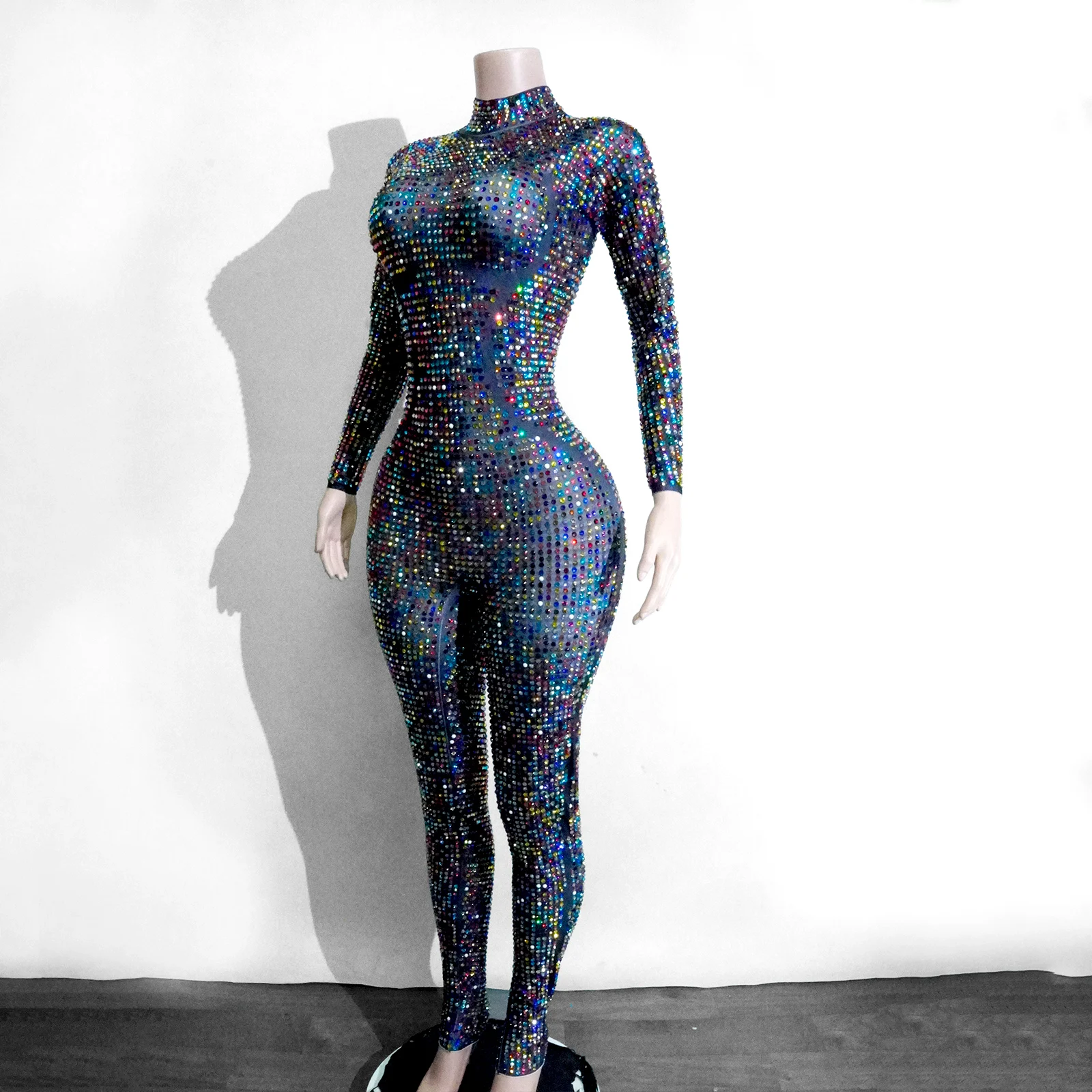 Błyszczące Kryształki Seksowne Obcisłe Kombinezony z Długim Rękawem Kostium Sceniczny dla Piosenkarki na Imprezę do Klubu Nocnego Występ Taneczny Drag Queen