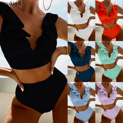 2024 Women's Sexy High Waist Swimsuit Ruffle Bikinis Push Up Bikinis Set Summer Beach Wear Bathing Suit Female Solid Swimwear