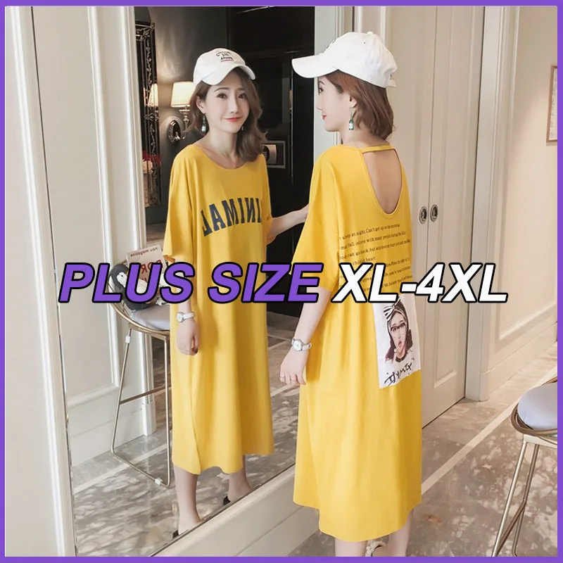 

Plus Size Dresses Korean Sexy Open-Back Long Dress Women's Clothing Summer Pure Cotton Short Sleeves T-shirt Dress For Plum...