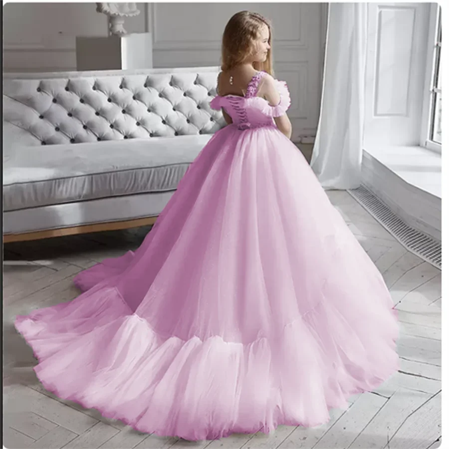 فساتين بسيطة للفتيات على شكل زهرة لحفلات الزفاف وكشكشة وشاح كريستالي فساتين حفلات بطول الأرض للأطفال وأعياد ميلاد الأميرة