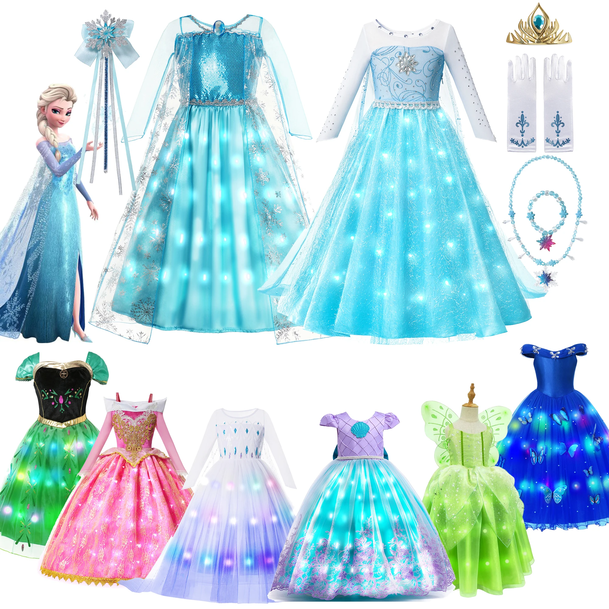 

Disney Frozen Elsa Anna Mermaid Ariel Princess Girls LED Light Up Dress Kids Party Cosplay Tinker Bell Aurora Cinderella Costume