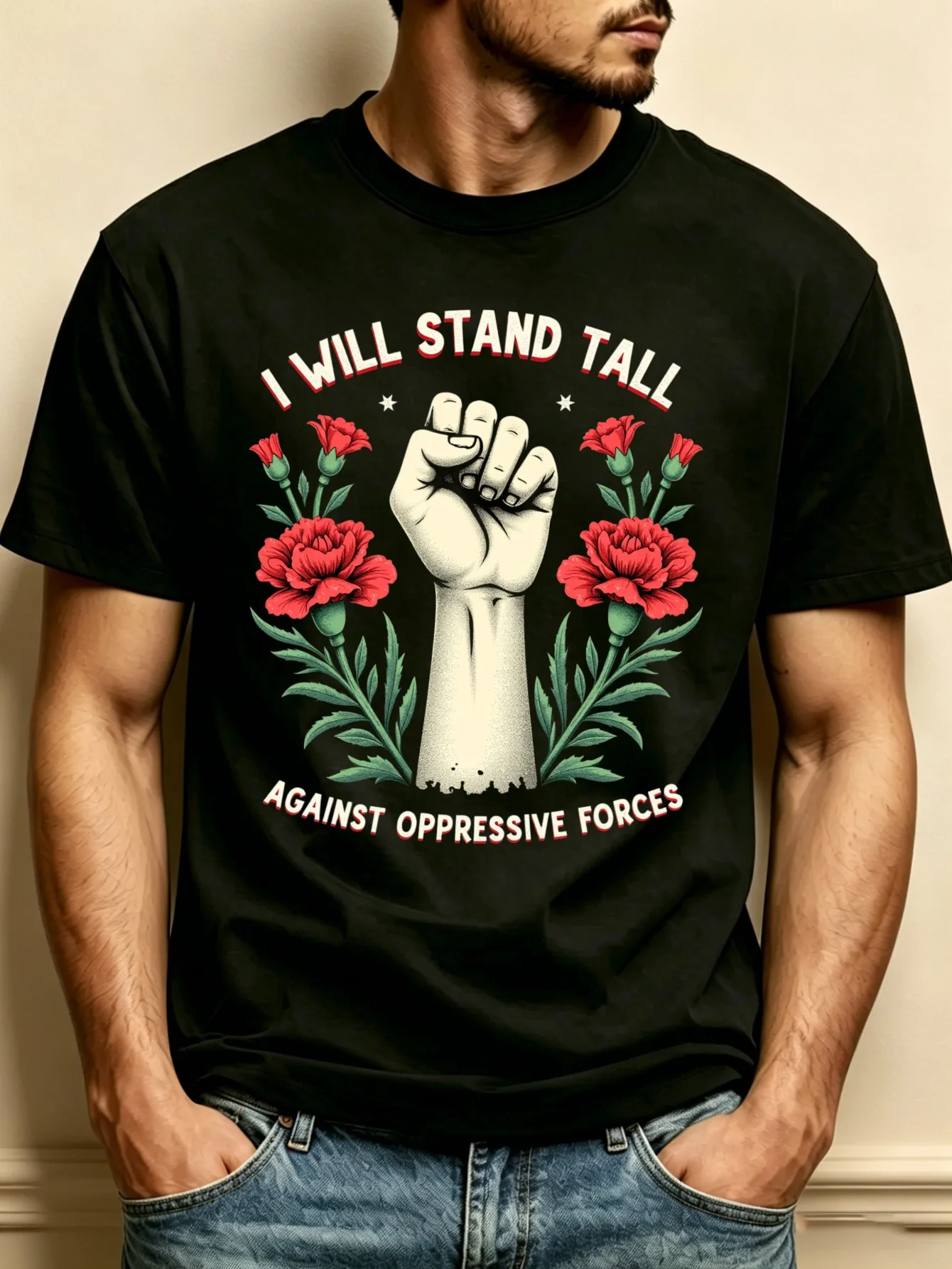 Flat Design Style Men's Crew Neck T-Shirt, Loose Fit, Pure and Fashionable Versatile Fabric, Soft and Comfortable, Suitable for Daily Wear and Holiday Gifts. Features a Fist and Flower Design with the Text 