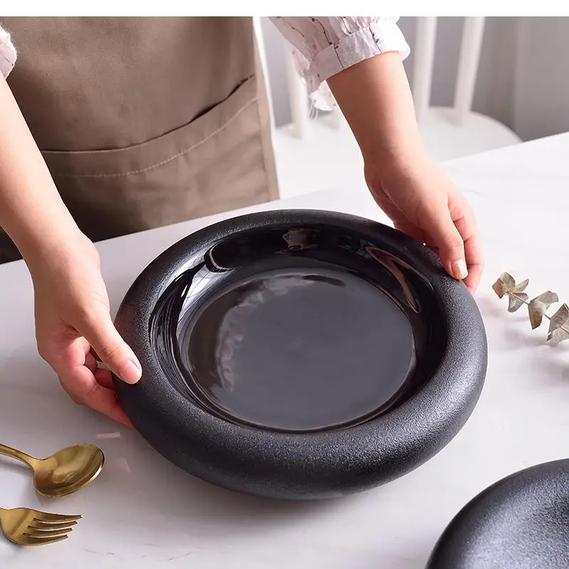 9 Inches Dinner Set Plates and Dishes Matte Black Ceramic Plate Japanese Round Deep Dish Pasta  Dessert