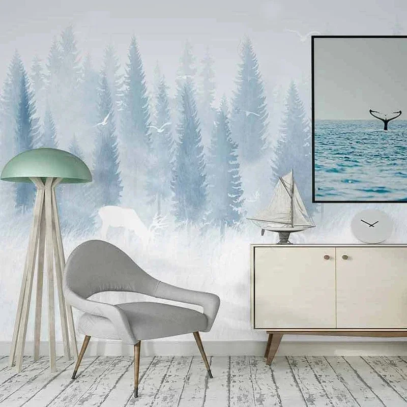 

Photo Wallpapers Nordic Hand-painted Dreamlike Snow Cartoon Forest Elk Mural Living Room TV Background Home Decor Wall Covering