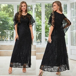 Black Lace Mother Dress A-line Elegant Round Neck Hollow Out  of the Bride Dresses Ankle-Length Short Sleeve فستان الأم