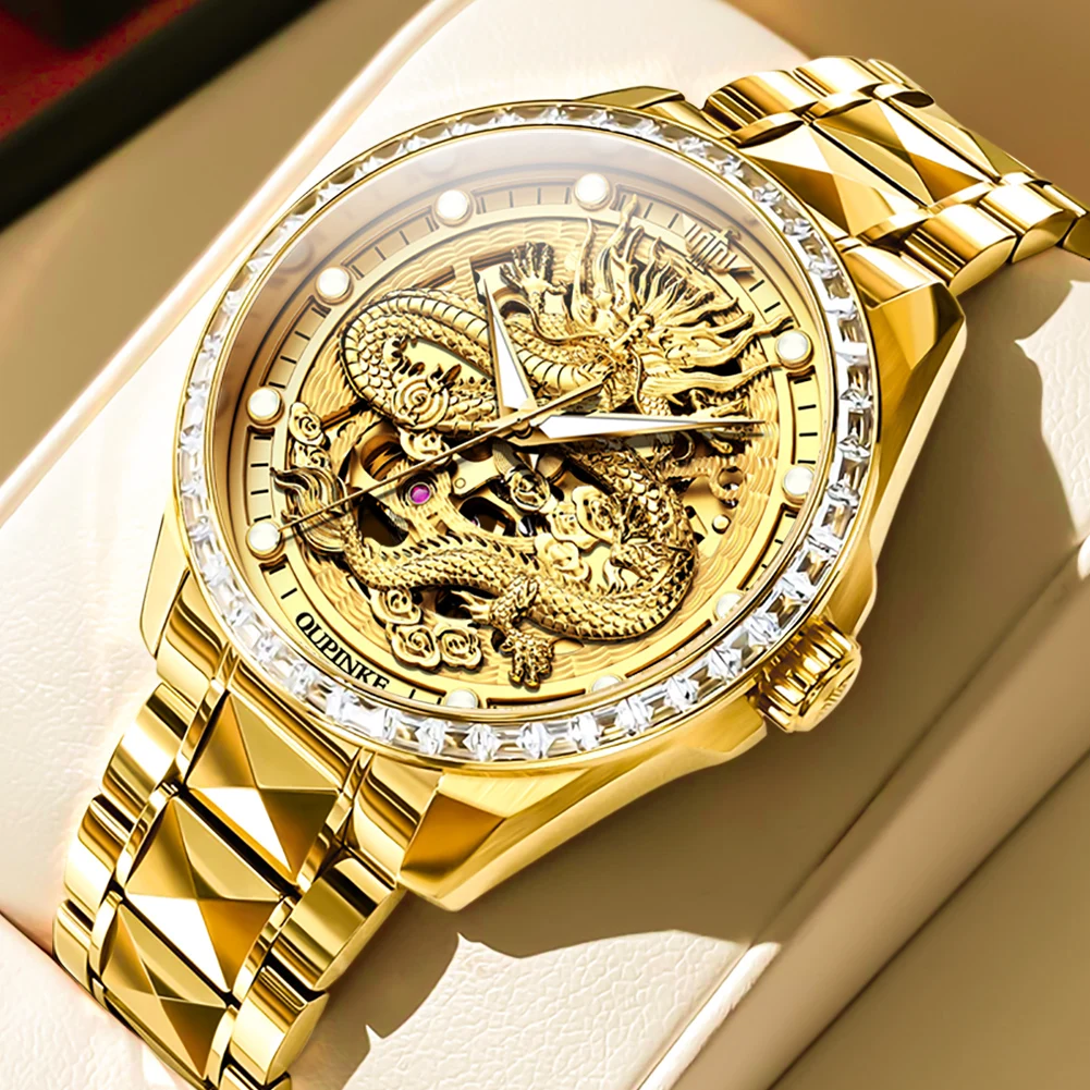 OUPINKE 3276 Original Brand Men's Watches 3D Carved Gold Dragon Imported Automatic Movement Luxury Dress Diamond Watch for Men