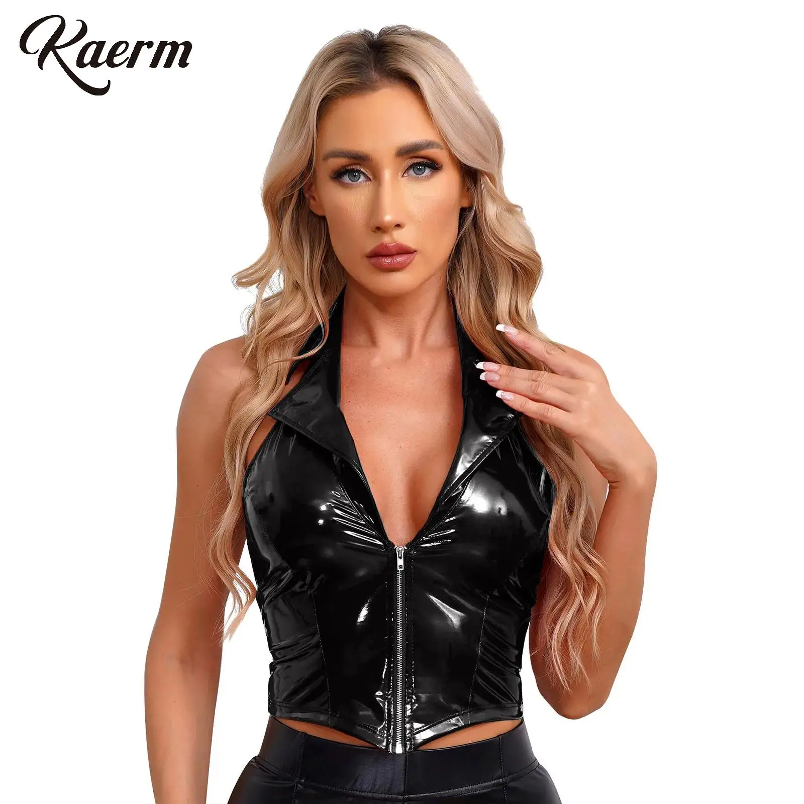 

Womens Glossy Patent Leather Sexy Waistcoat Halter Lapel Backless Deep V Neck Front Zipper Slim Fit Vest for Erotic Costumes