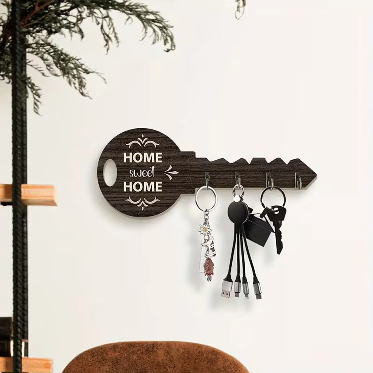 Key Shaped Dark Wood Key Holder Printed with HOME Sweet Home, 4 Hooks, Rustic Entryway Wall Decor