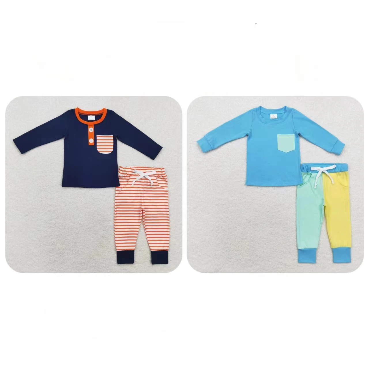 

Wholesale Baby Boy Long Sleeves Pocket Pullover Shirt Children Colorful Stripes Pants Sets Toddler Kids Cotton Outfit Clothing