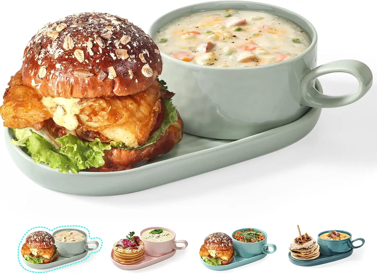 

Solid Soup and Sandwich Plate Combo, 16 oz Soup Bowls/Mugs/Cups with Handles in 9.85-inch Ceramic Plates, Glazed Soup and Side/C