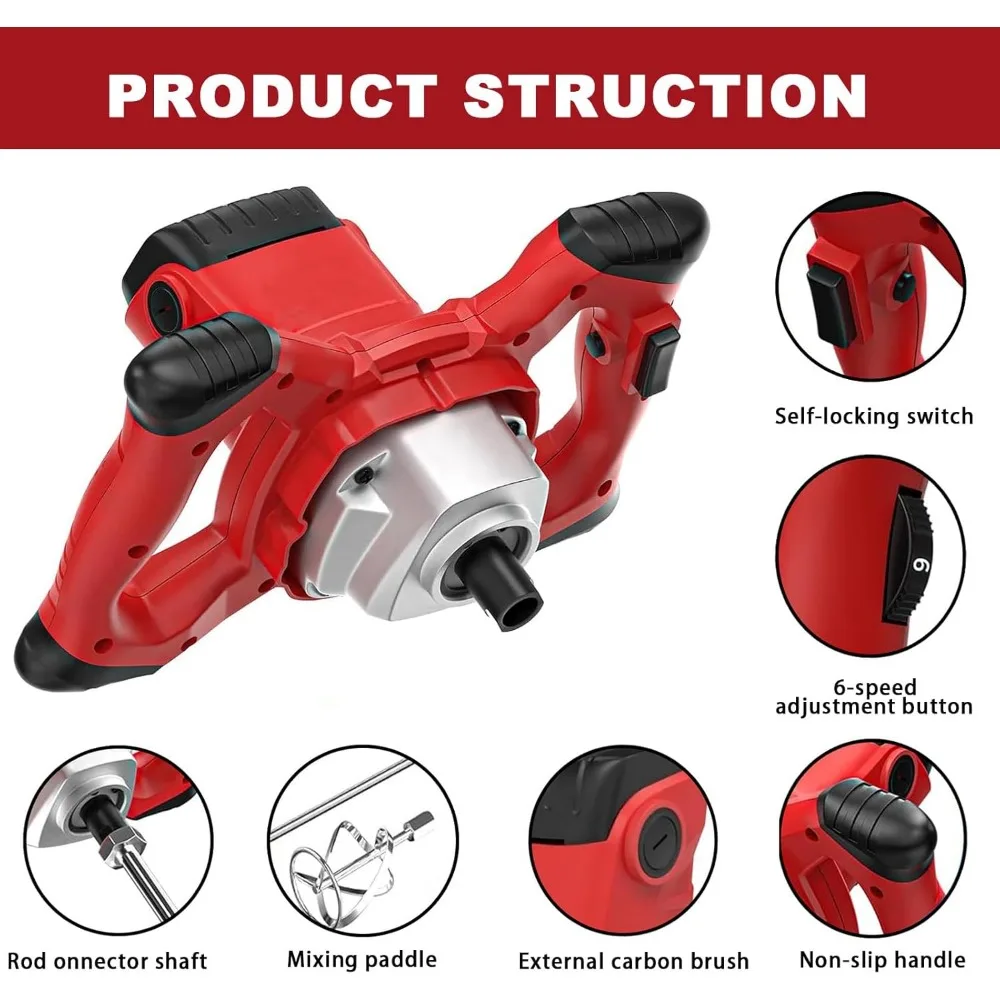 Cement Mixer, Handheld Electric Concrete Mixer, Portable Mortar Mixer with 6 Adjustable Speed, 110V Mud Mixer Machine Drill Tool