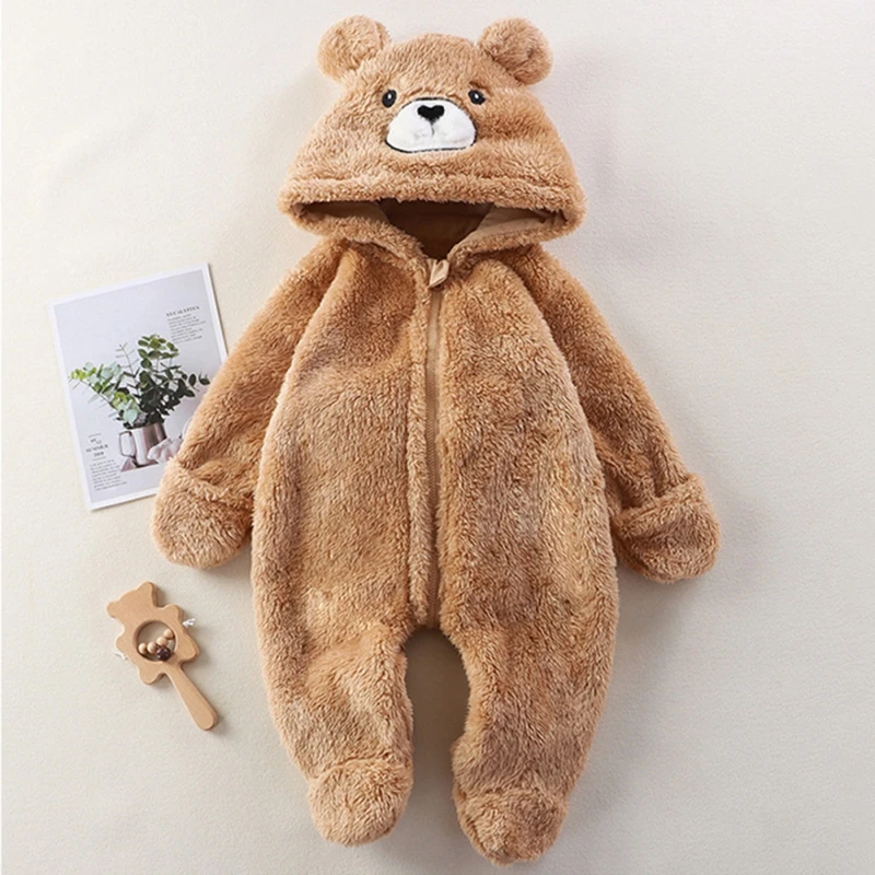 Bonito dos desenhos animados roupas de bebê meninos footies manga longa veludo com capuz roupas da menina do bebê inverno quente macacão do bebê 0-12 meses