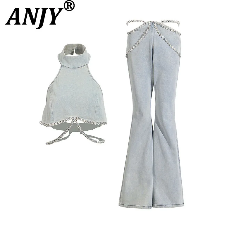 

ANJY Summer New Women Trendy Chic High Street Sexy Halter Neck Short Top High Waisted Flare Pants Diamond Chain Denim Set HK6141