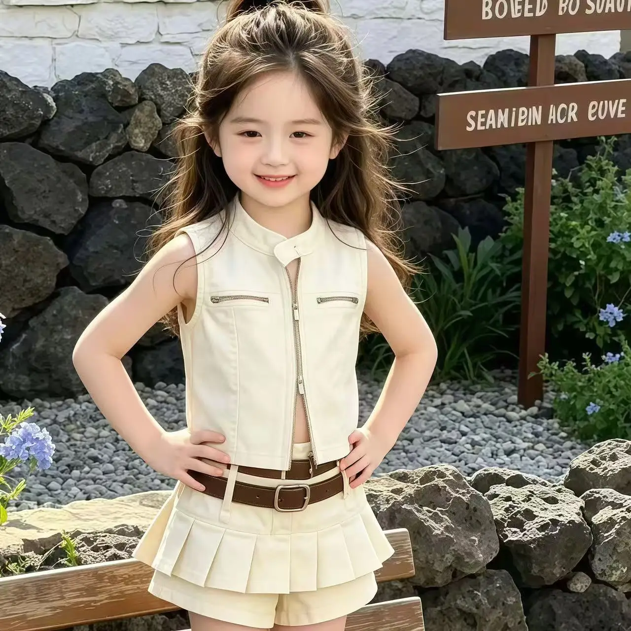 2026 New Summer Utility Style Two Piece Set For Baby GirlsTrendy Fashion Tank Top Matching Pleated Skort Kids 90-140CM