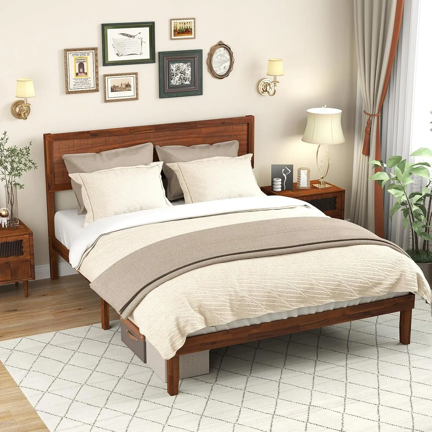 

Queen Size Wood Bed Frame with Headboard, Solid Acacia Wood Platform Bed Frame, Wooden Slats Supported Bed Base with Under-Bed S