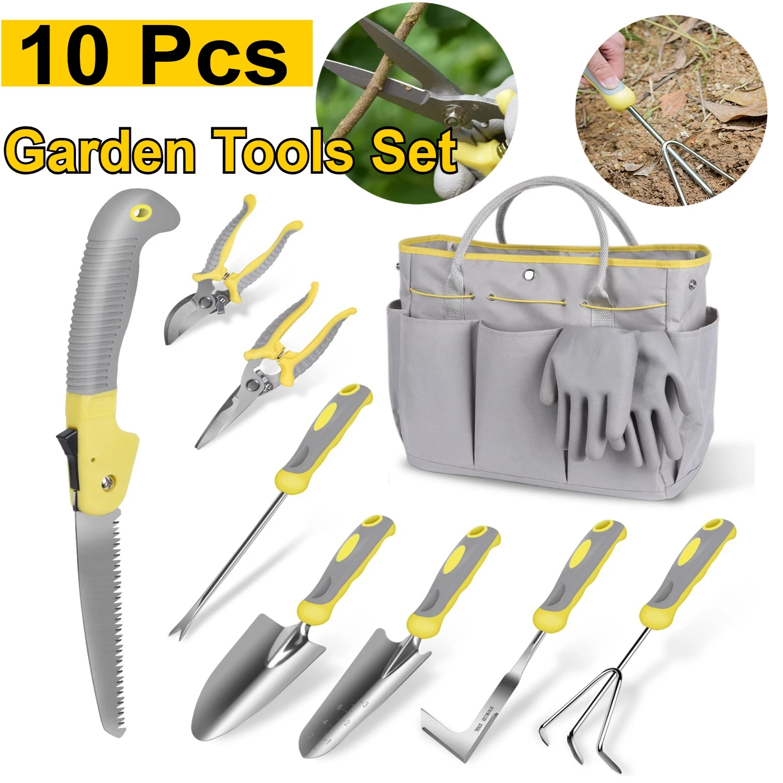

10Pcs Garden Tool Set Stainless Steel for Digging Planting Pruning Gardening Kit with Durable Bag Gloves Ideal Garden Gifts