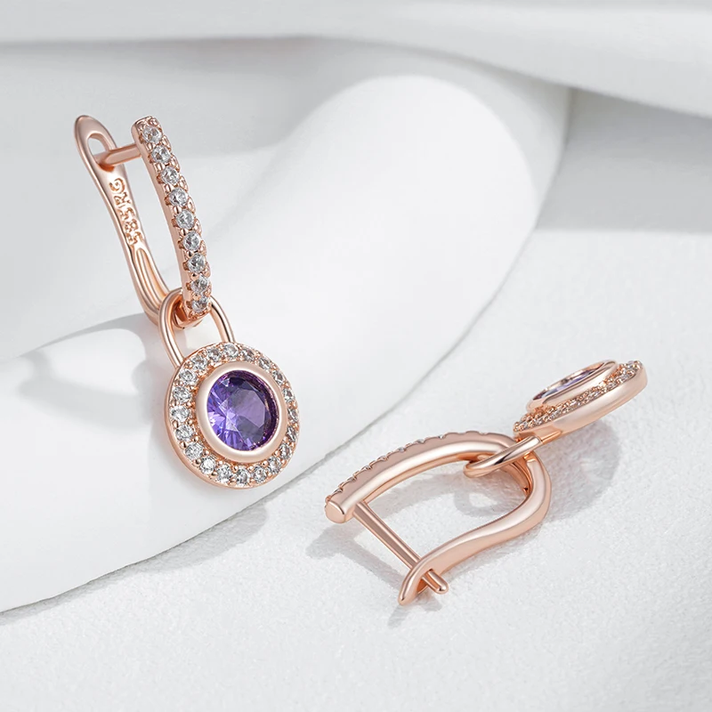 Kinel Sparkling Purple Round Natural Zircon Drop Earrings for Women Fashion 585 Rose Gold Color Vintage Party Daily Jewelry