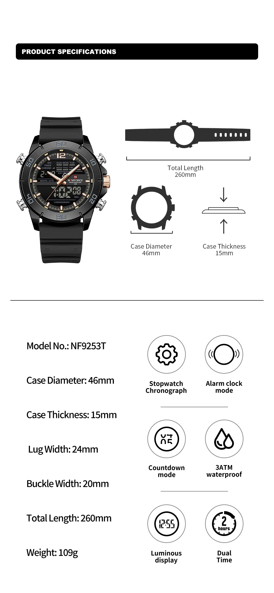 ساعة NAVIFORCE NF9253T Design للرجال مقاومة للماء بحزام سيليكا ناعم كرونوغراف ليوم وتاريخ ساعة يد كوارتز عصرية