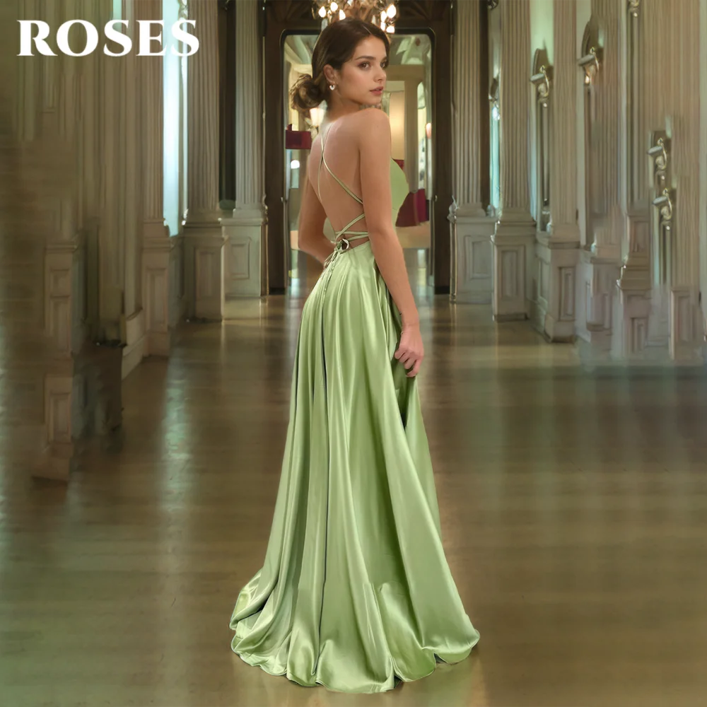 ROSES Green Elegant Prom Dresses Scoop Spaghetti Straps Celebrity Dress Stain Sexy Backless Side Split Formal Gown Customized