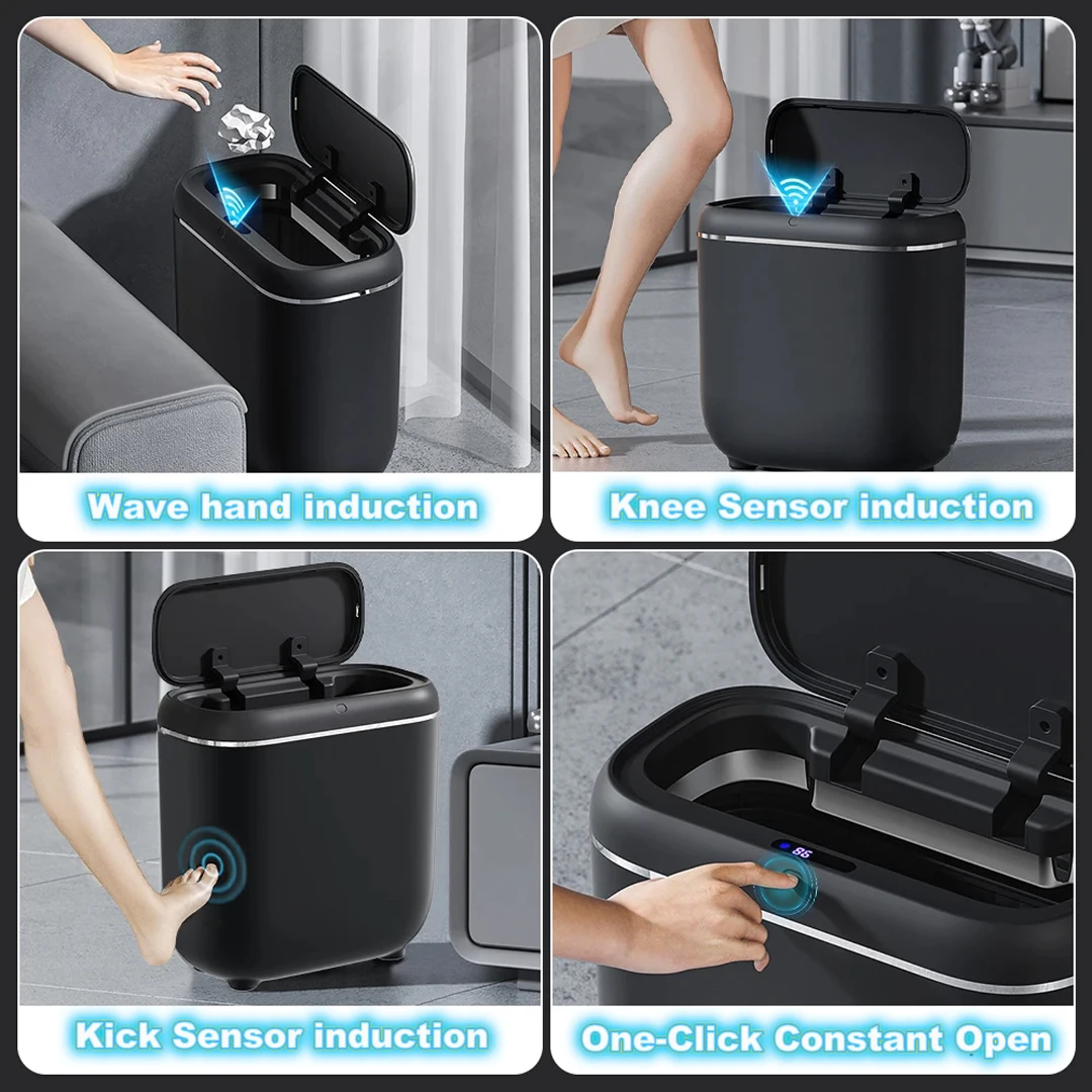 Bathroom Trash Can with Lid,14L Automatic Touchless Garbage Can, Smart Motion Sensor, Slim Plastic Trash Bin for Bedroom, Office