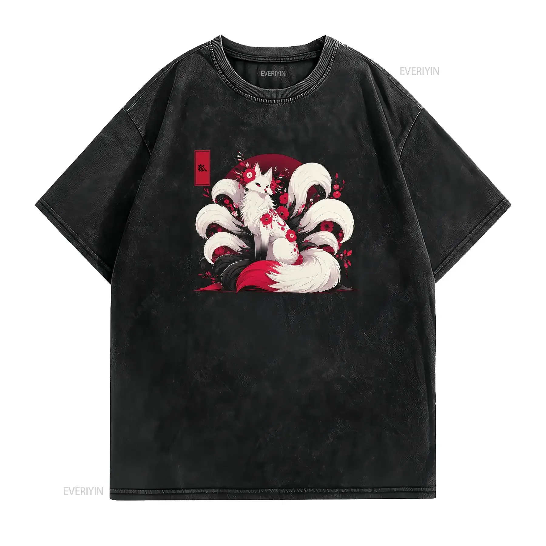 Gothic Dark Fantasy Kitsune Nine Tailed Fox Red Floral Print Casual Streetwear T Shirt vintage Washed Unisex fashion streetwear