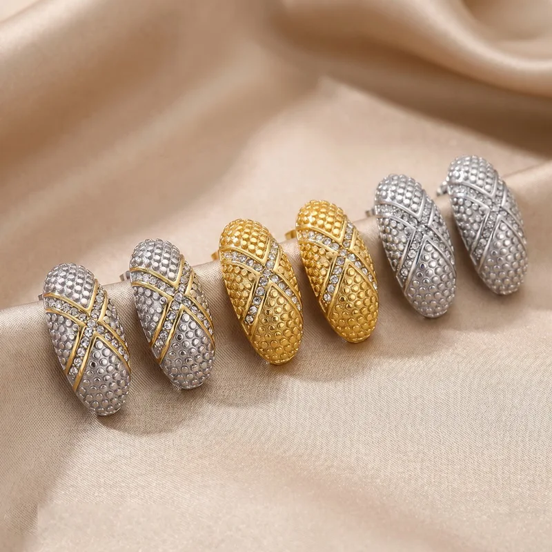 KALEN Stainless Steel Women Oval Stud Earrings Dotted Texture Cross X Zircon Inlay Gold Silver Tone Vintage Fashion Ear Jewelry