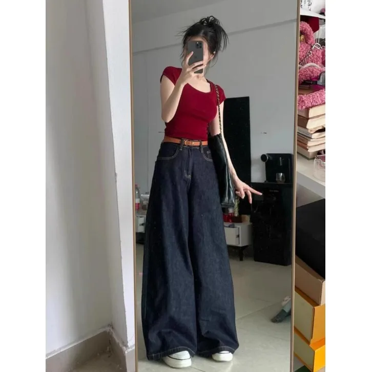 

American Deep Blue Wide Leg Denim Jeans Women Summer Thin Retro High Waist Loose Slimming Draping Floor-Length Straight Pants