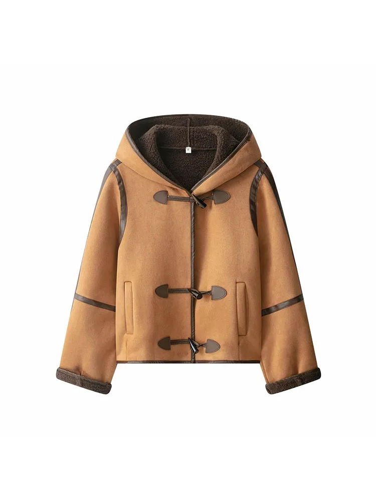 

Women Autumn Winter New Bomber Coats Hooded Leather Patchwork Jacket Female Long Sleeve Loose Fitting Coat Chic Lady Outerwears