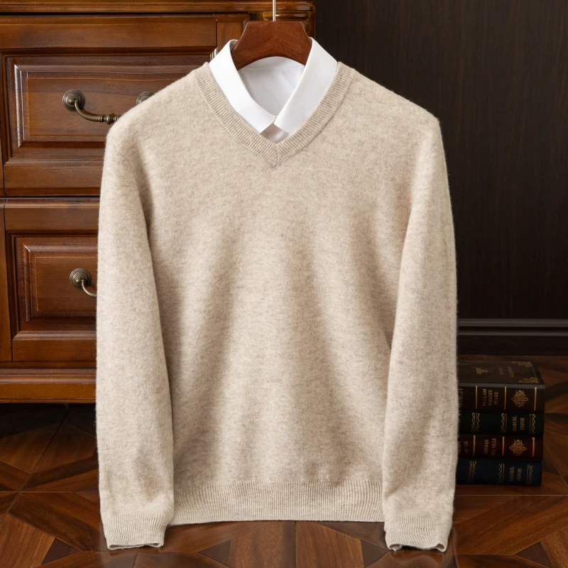 V-Neck Pullover Wool Sweater Men\'s Long Sleeved Solid Color Business Casual Jumper Sweater Autumn Winter New Basic Warm Knit Top