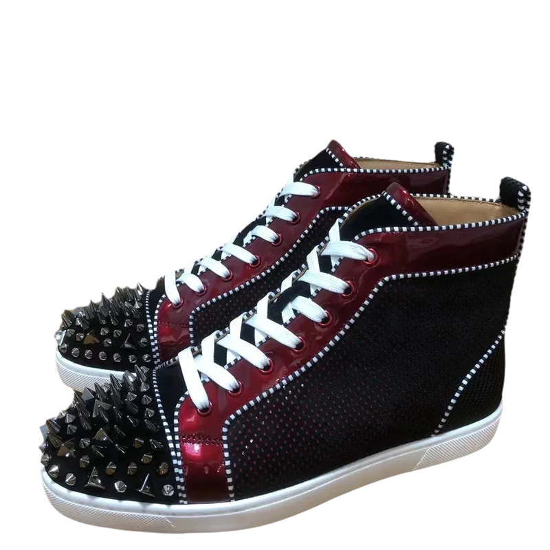 Luxury Brand High Top Red Bottom Shoes for Men Trainers Driving Spiked Patent Genuine Leather Rivets Messy Toecap Flats Sneaker