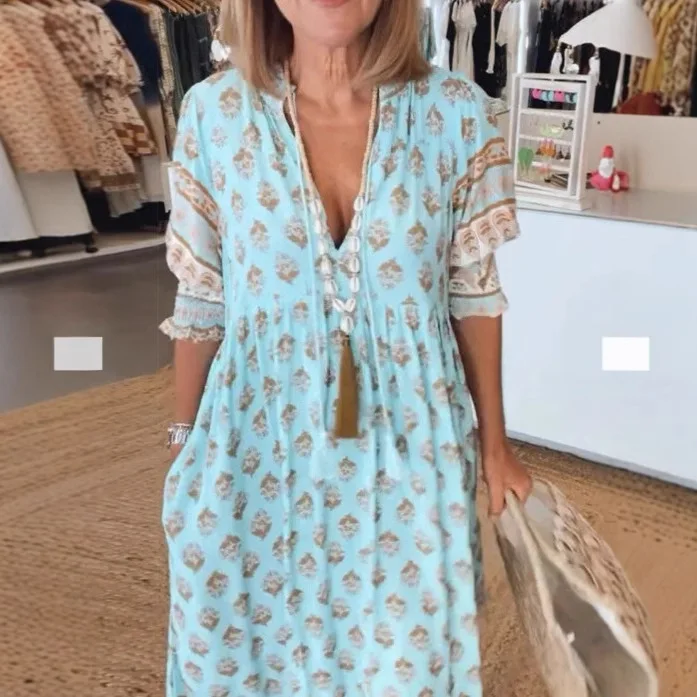 Nowa moda Bohemian Lantern Sleeve Dress Spring Summer Women V Neck Beach Long Dress Elegant High Waist Pleated Holiday Dresses